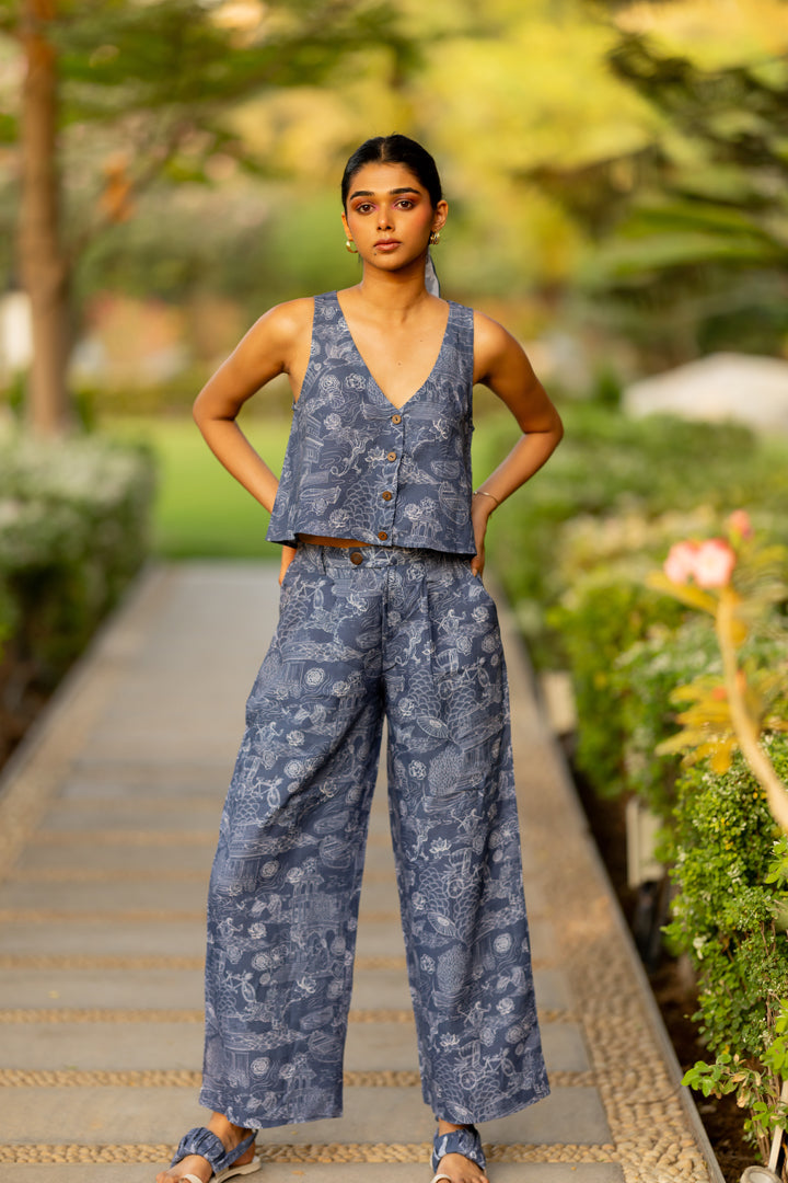 Linen Blue Banaras Zipper Pant