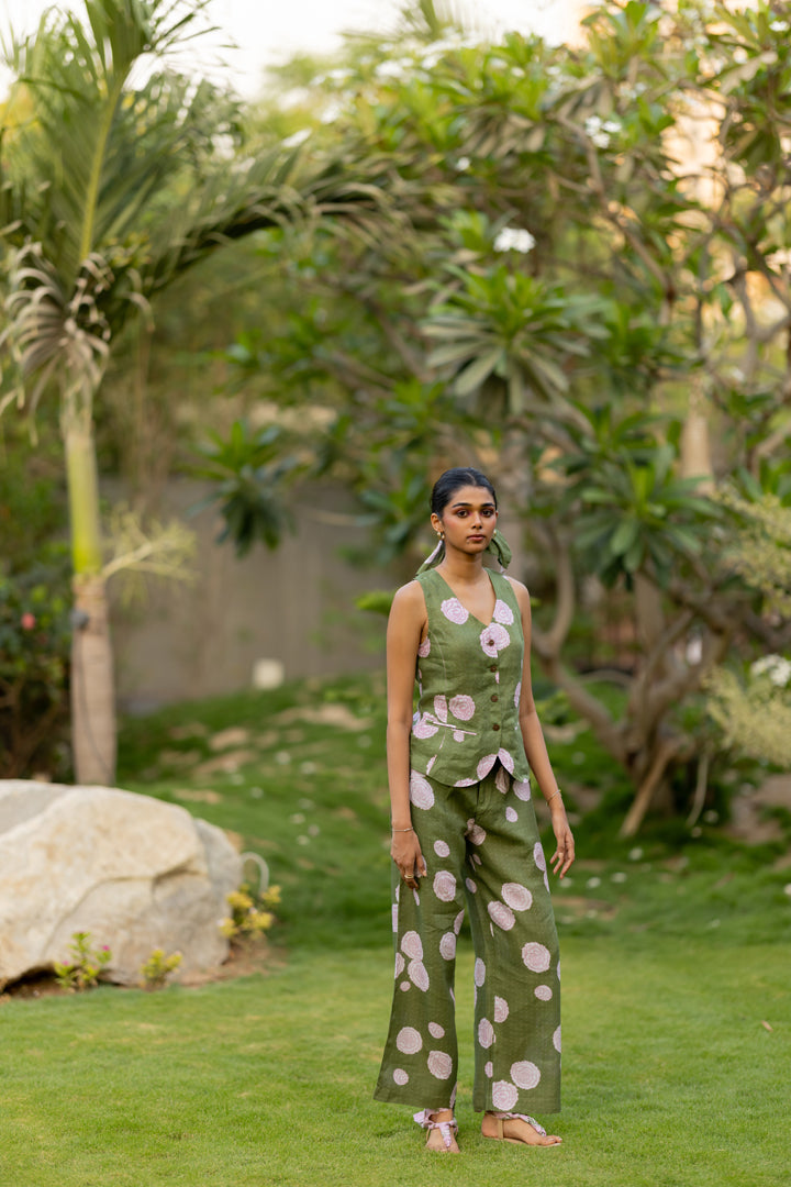 Linen Banaras Bloom Zipper Pant - Green and Pink