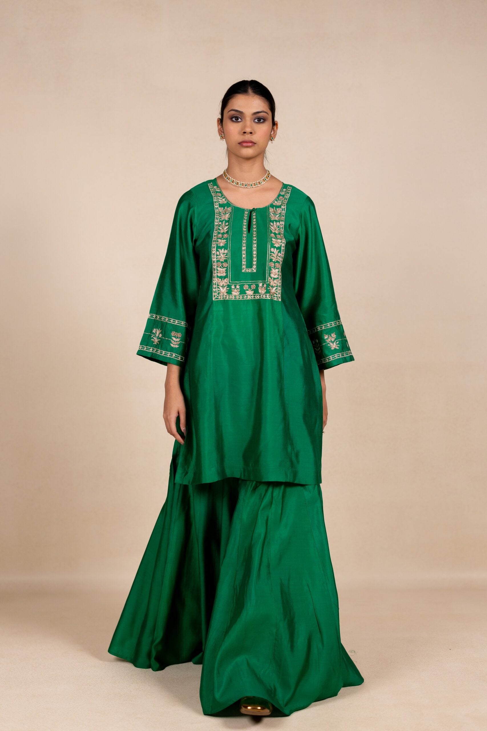 Radhika Silk Kurta Sharara Set - Green