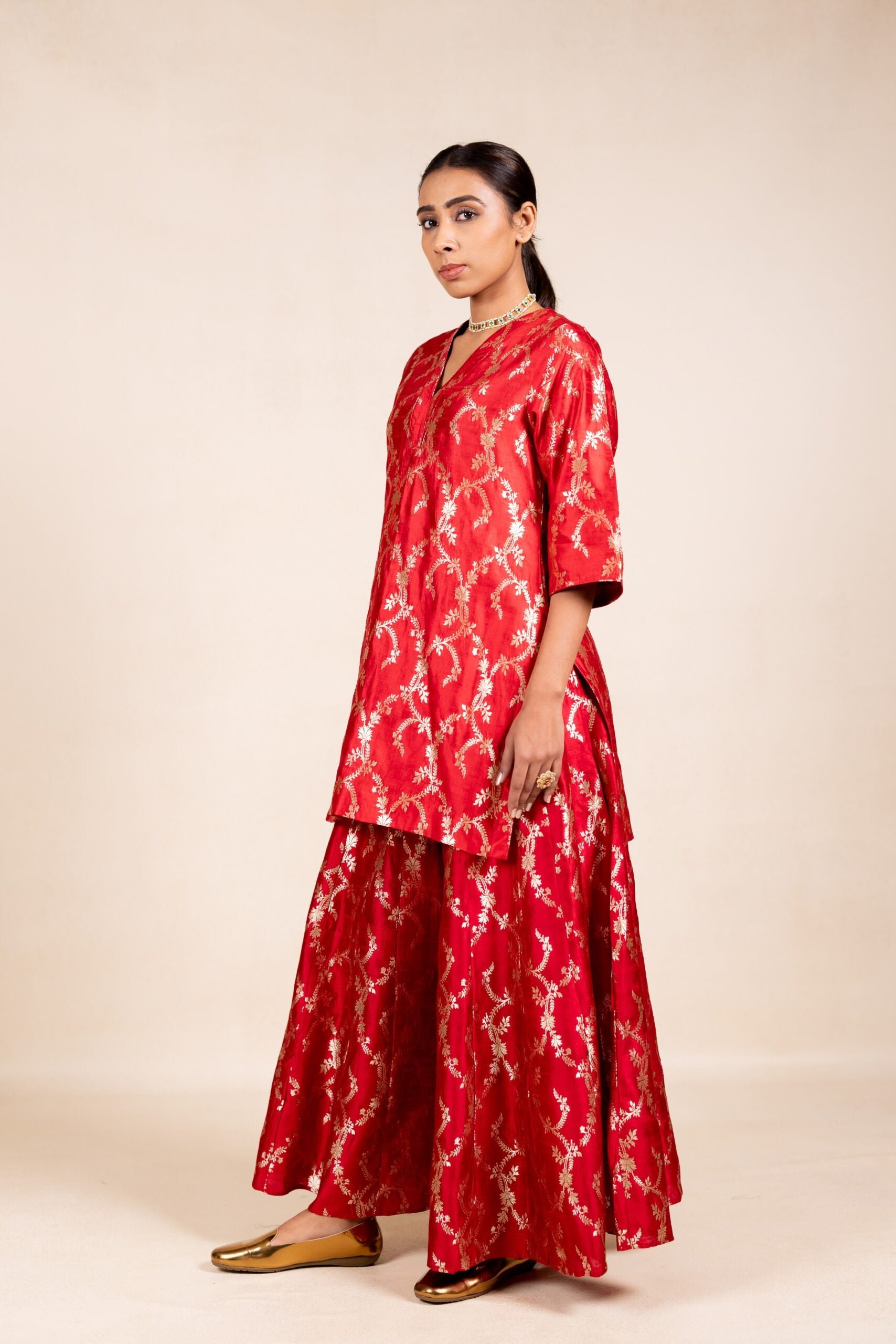 Banaras Silk Kurta sharara Set - Red