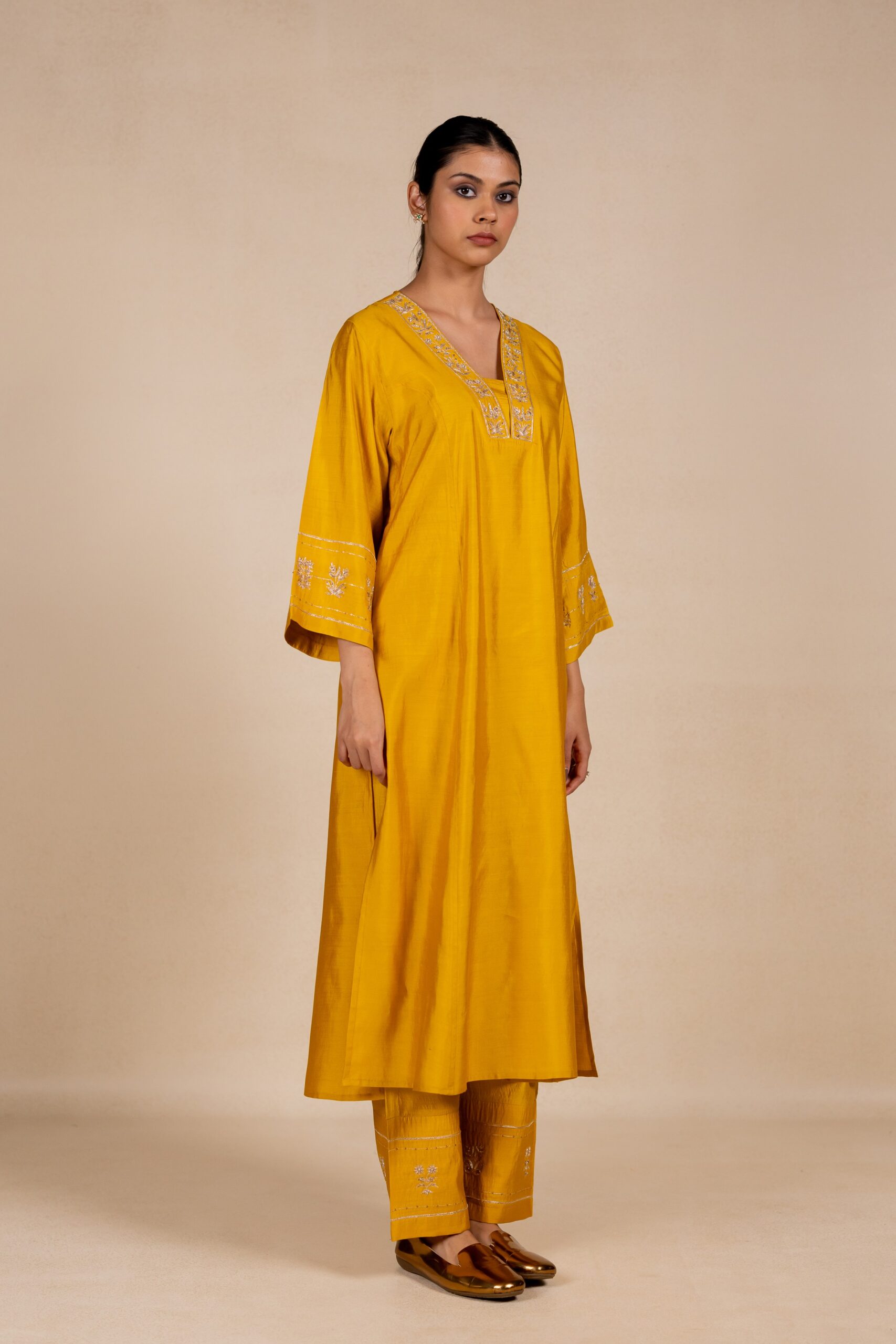 Devyani Embroidered Silk Kurta Set - Yellow