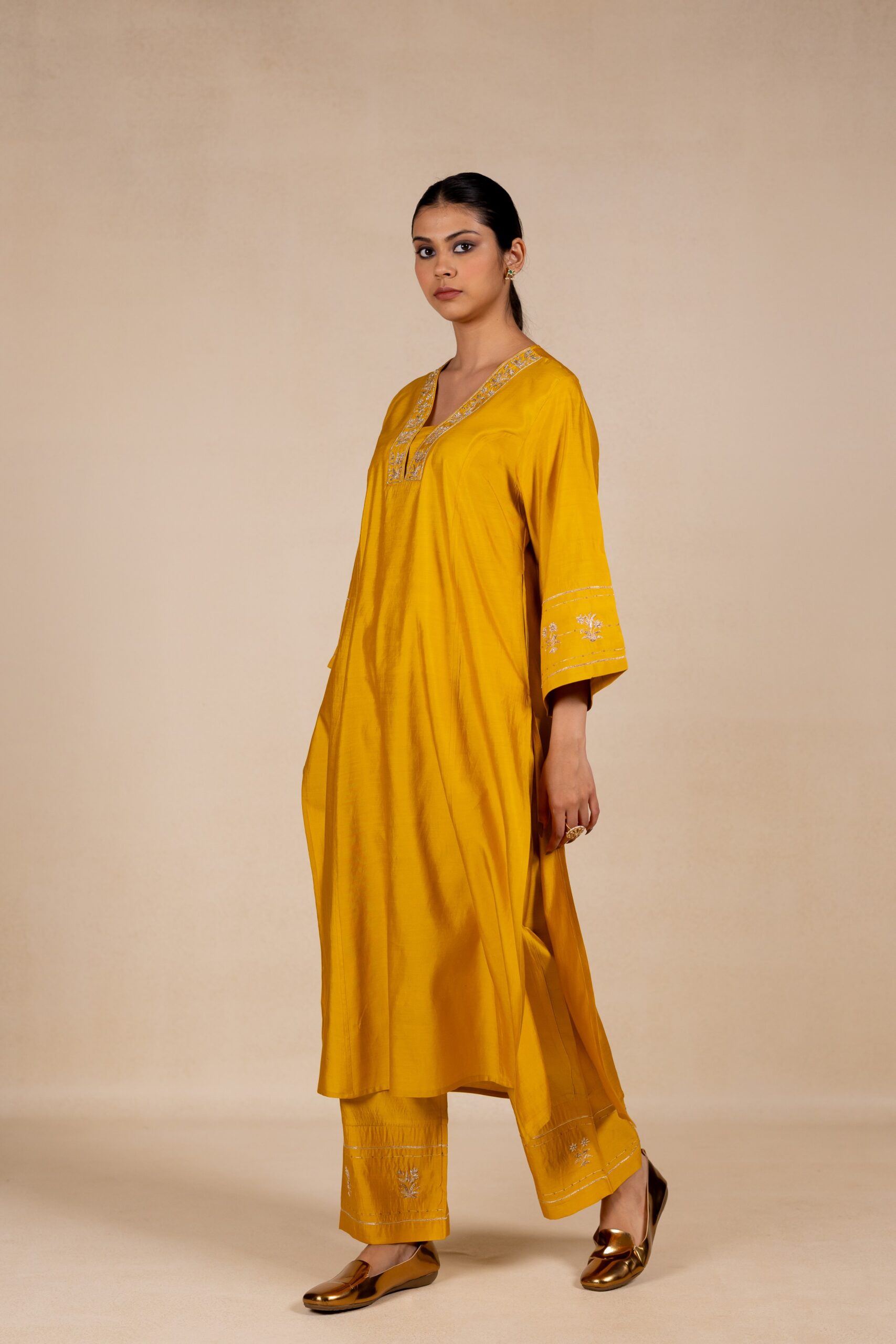 Devyani Embroidered Silk Kurta Set - Yellow