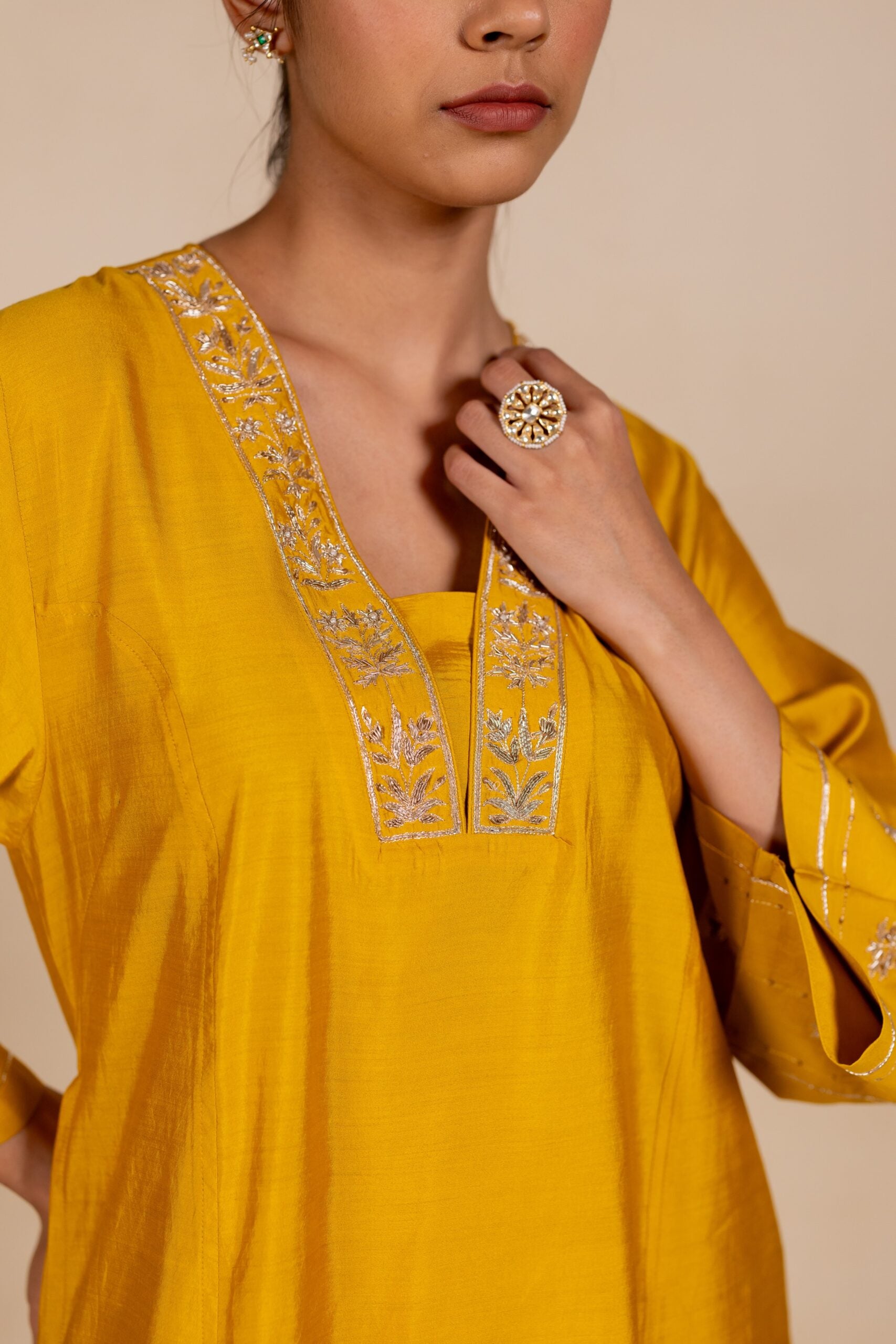 Devyani Embroidered Silk Kurta Set - Yellow
