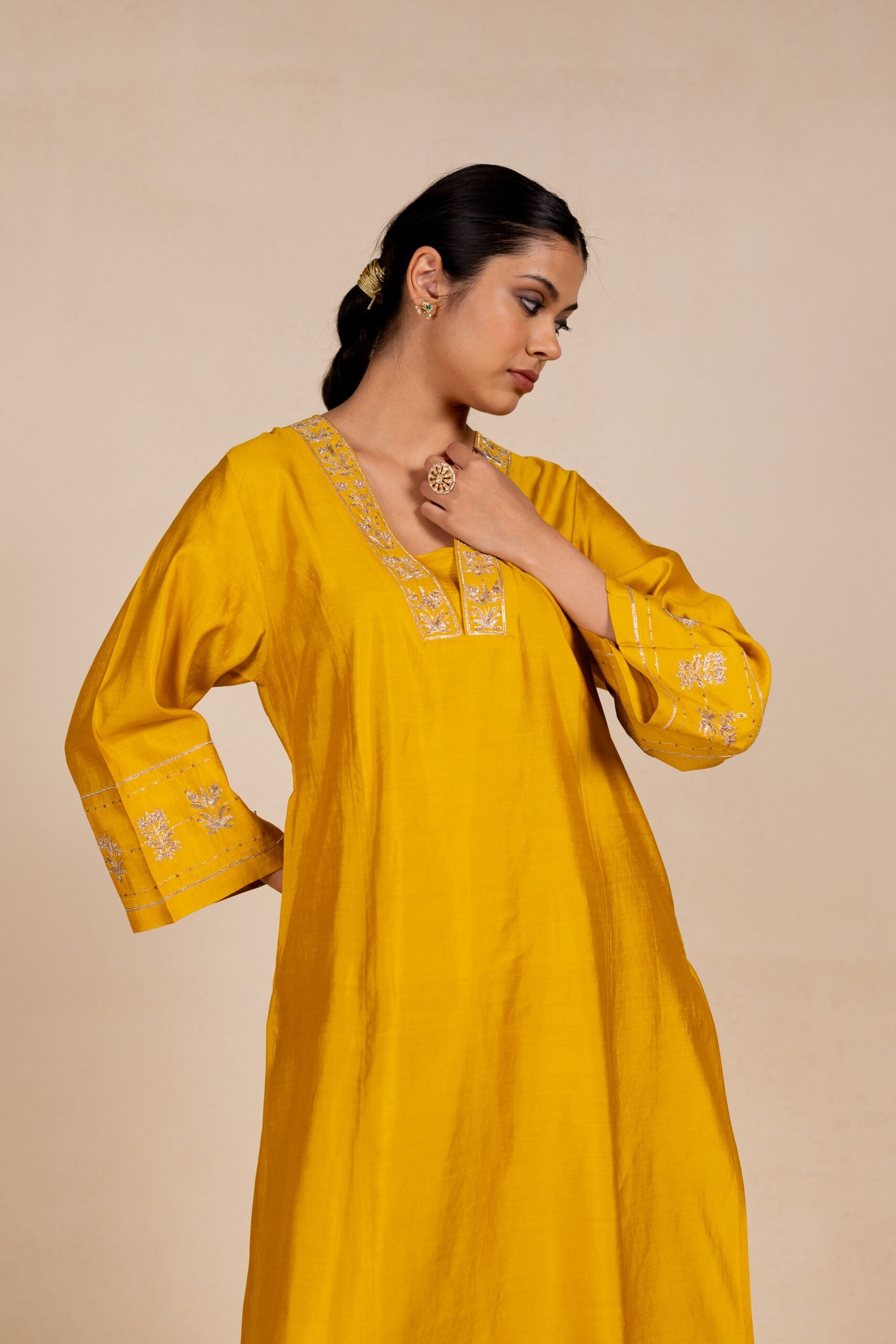 Devyani Embroidered Silk Kurta Set - Yellow