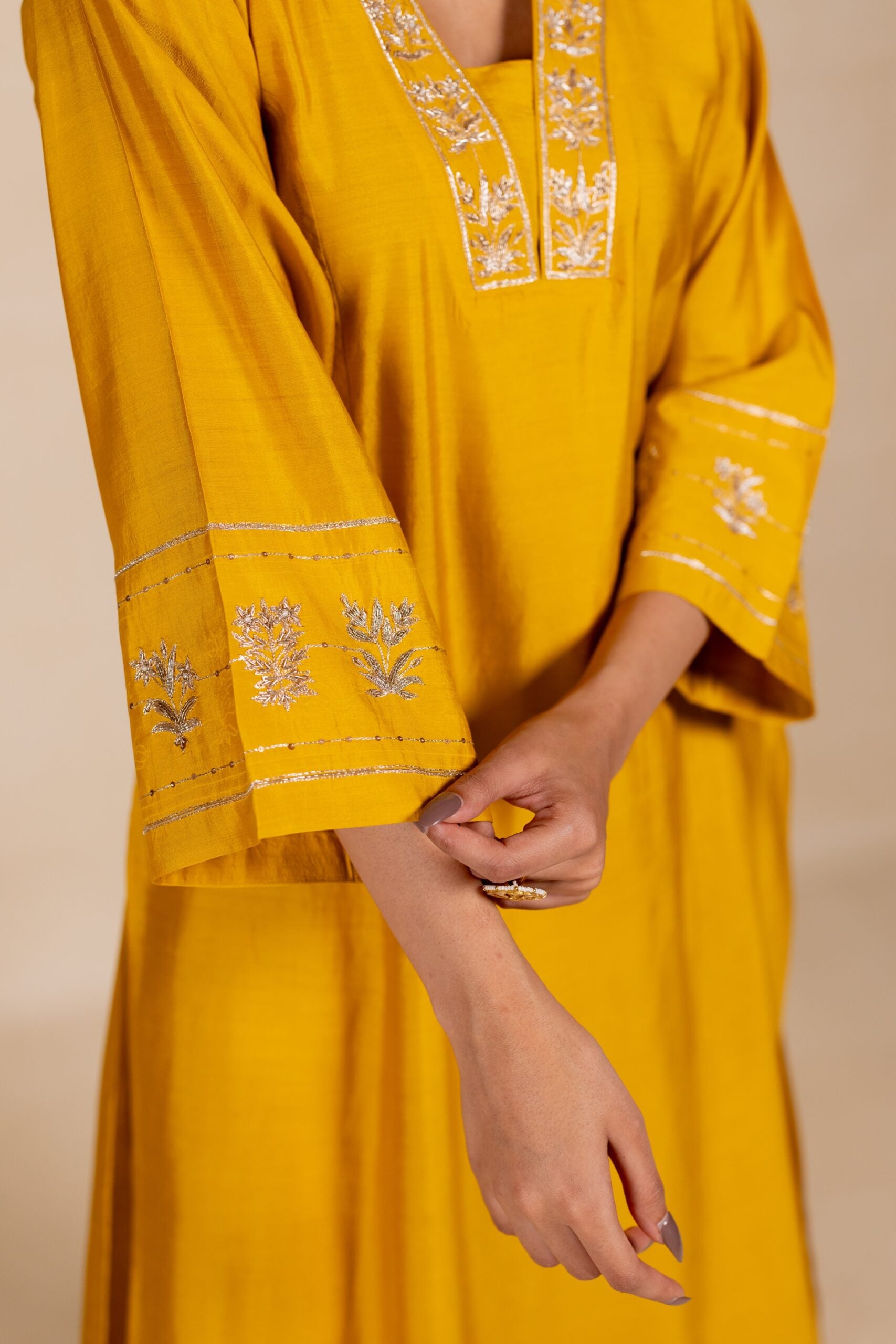 Devyani Embroidered Silk Kurta Set - Yellow