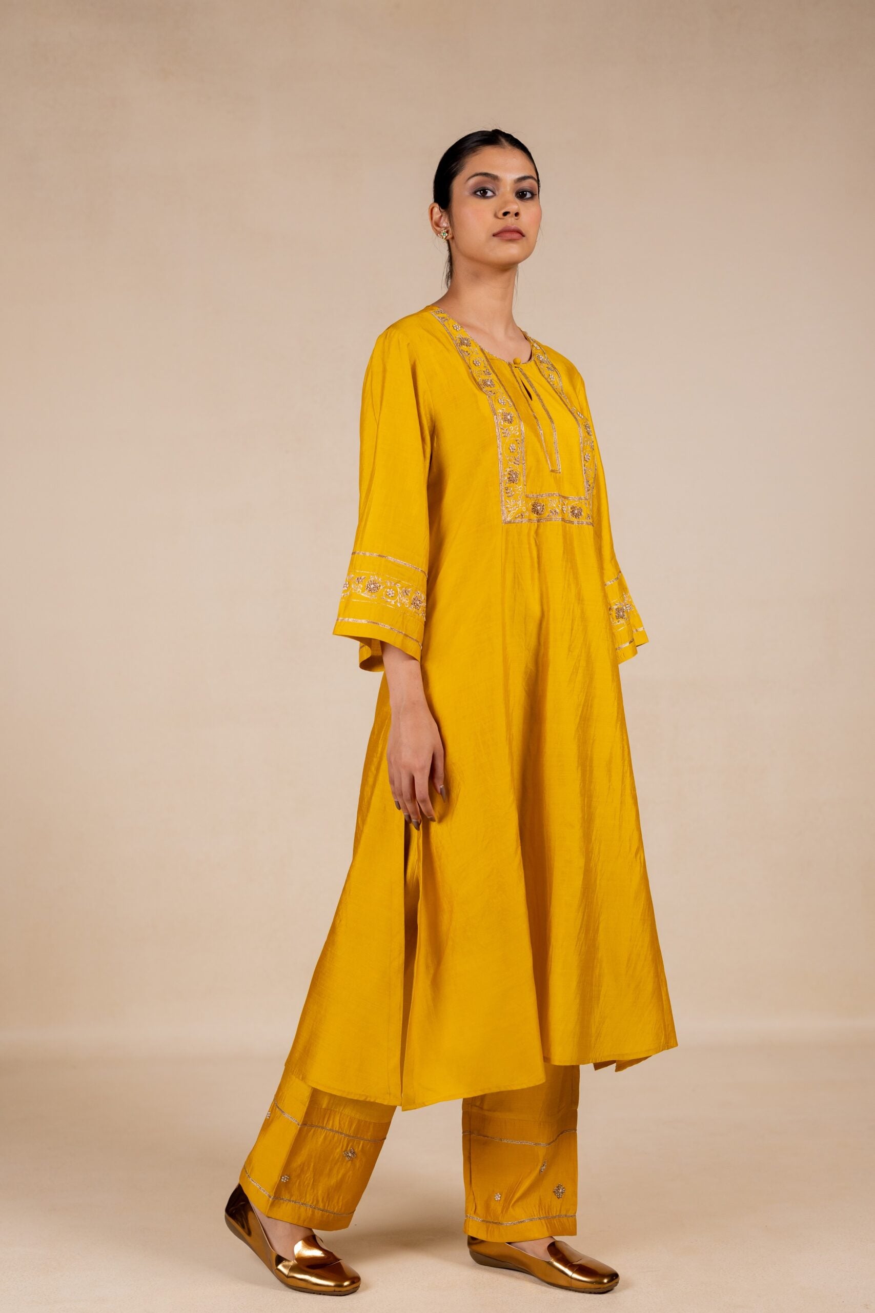 Rukmani Embroidered Silk Kurta Set - Yellow