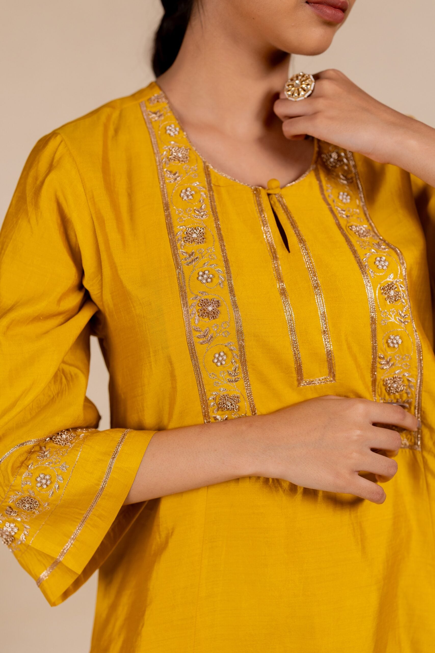 Rukmani Embroidered Silk Kurta Set - Yellow