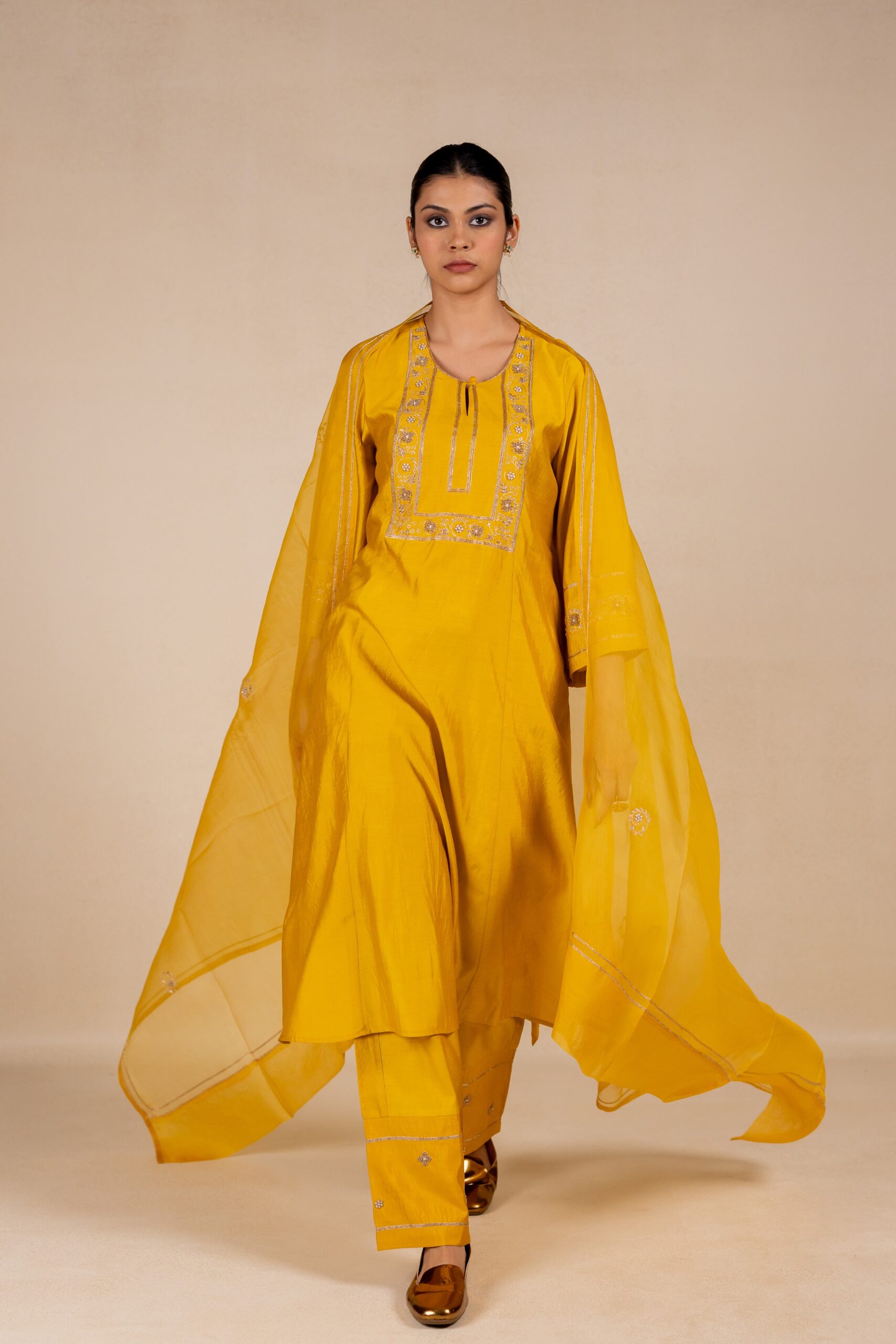 Rukmani Embroidered Silk Kurta Set - Yellow