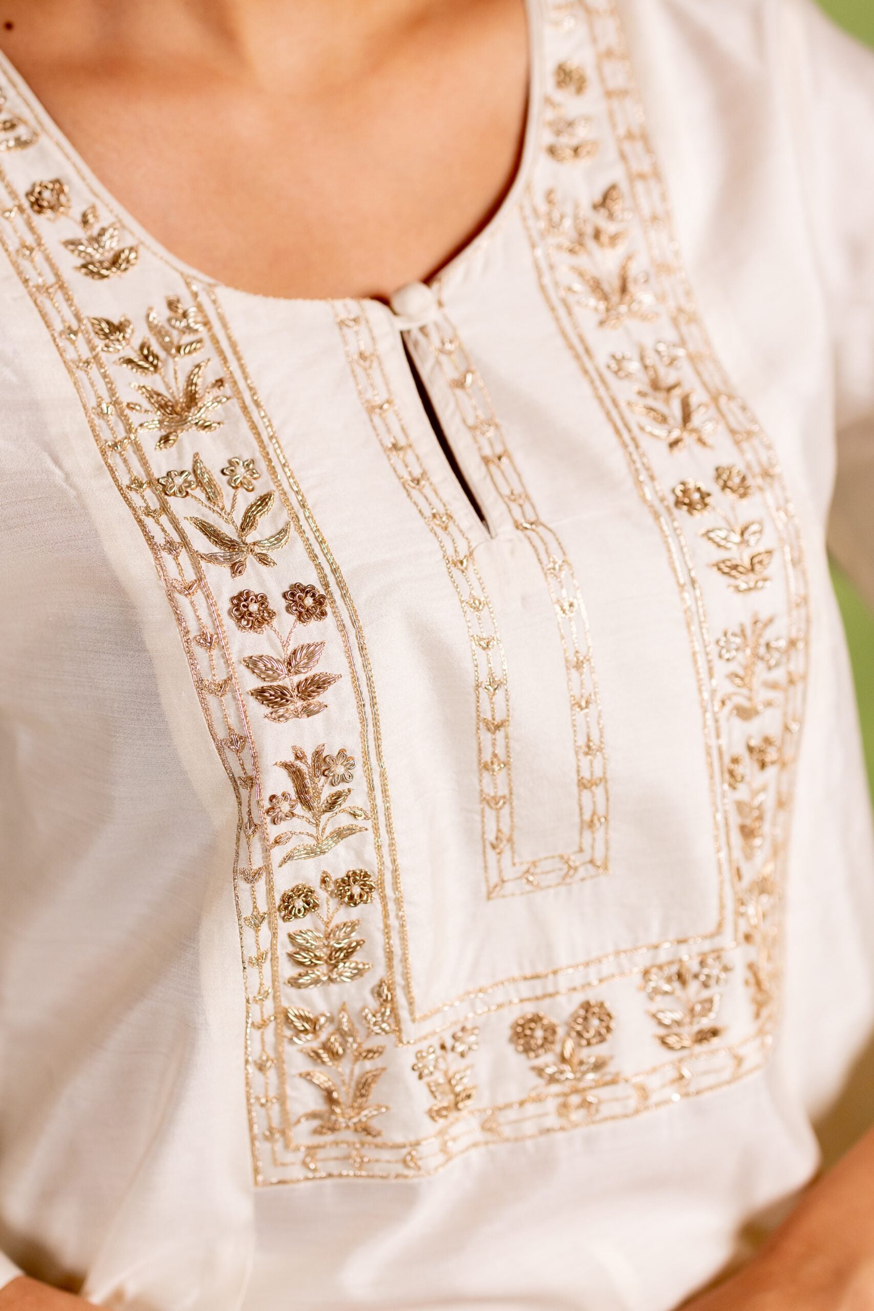 Rukmani Embroidered Silk Kurta Set- Off White