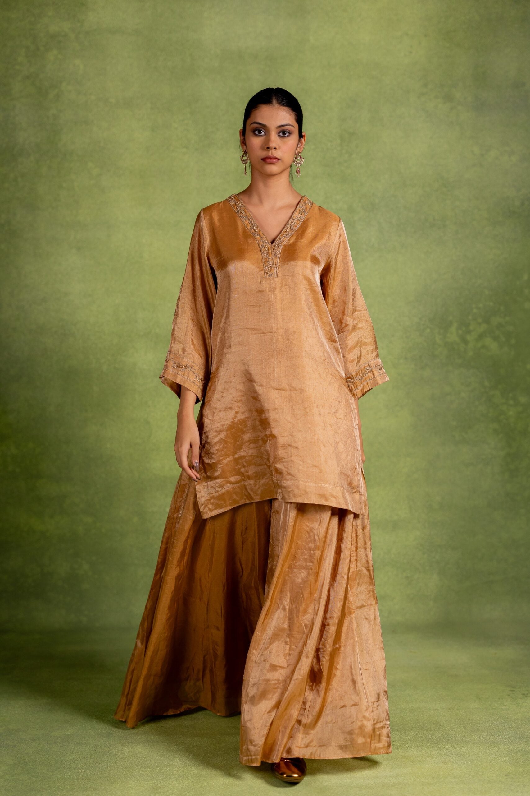 Aabha Tissue Silk Kurta Sharara Set - Golden