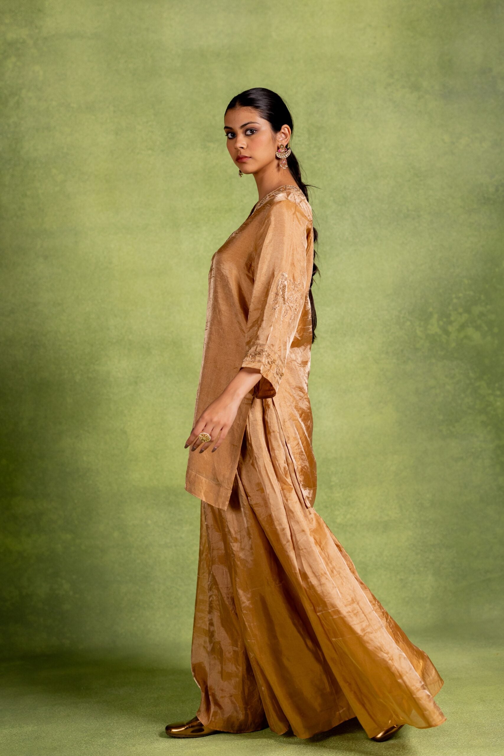 Aabha Tissue Silk Kurta Sharara Set - Golden