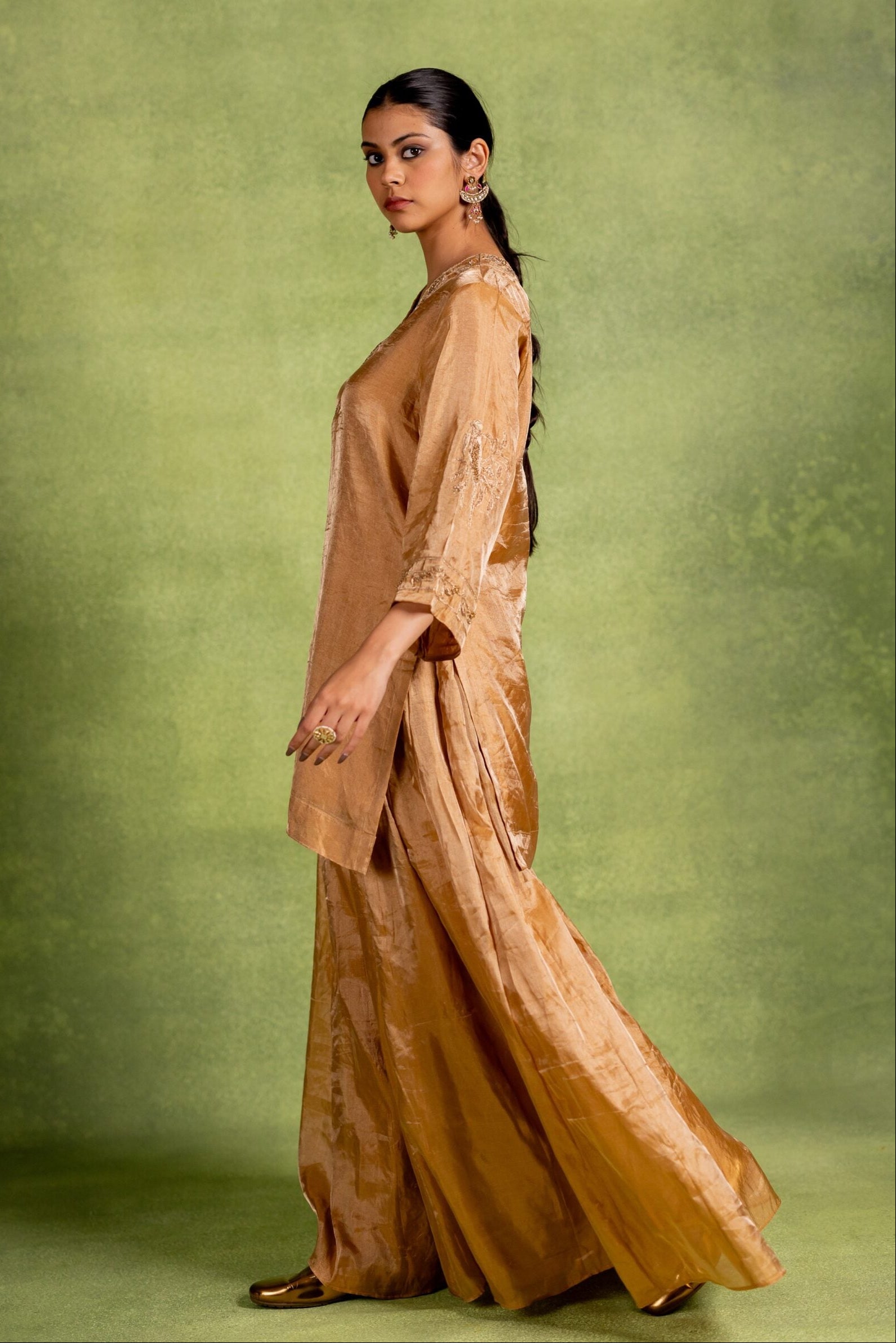 Aabha Tissue Silk Kurta Sharara Set - Golden