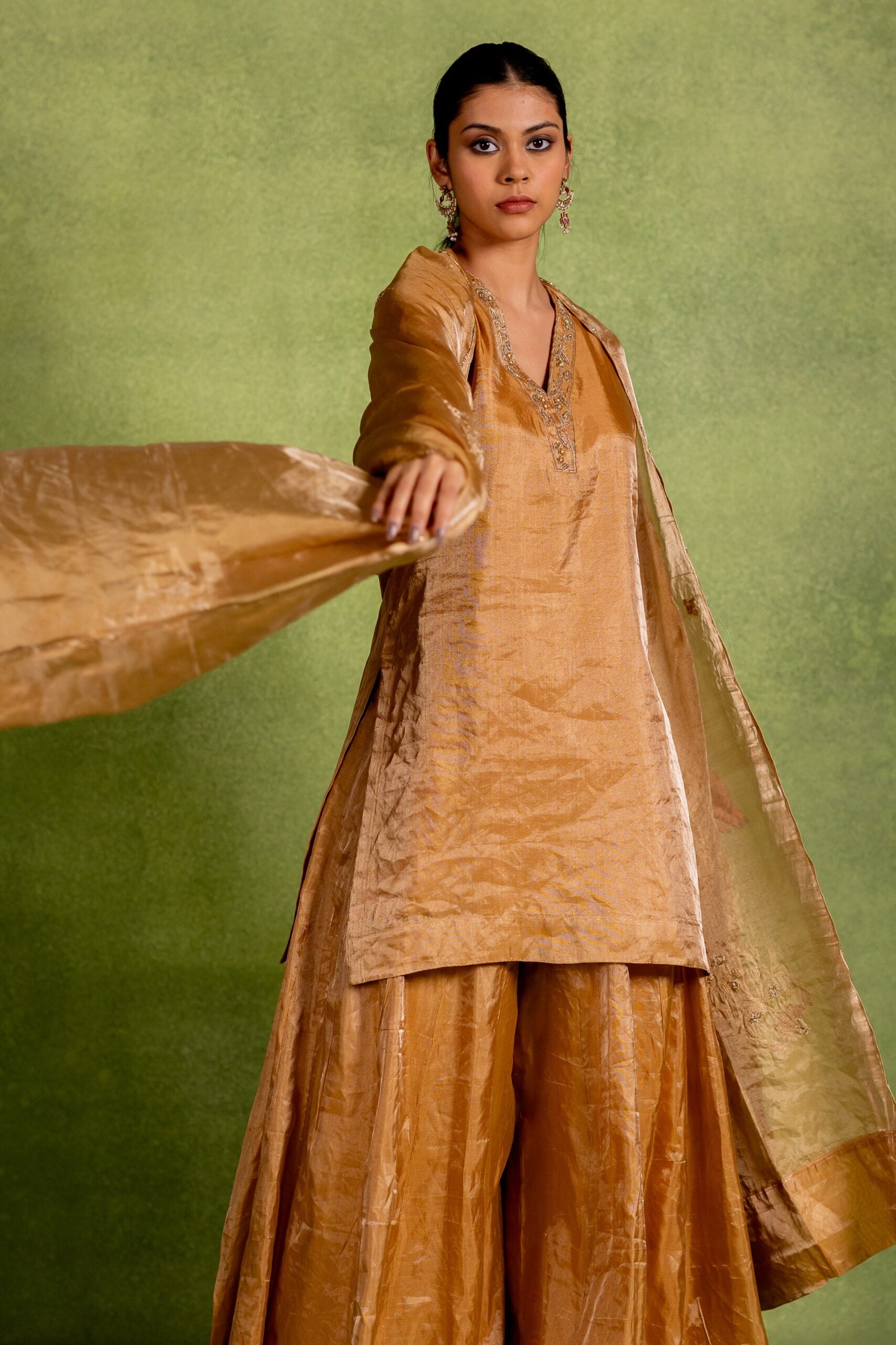 Aabha Tissue Silk Kurta Sharara Set - Golden