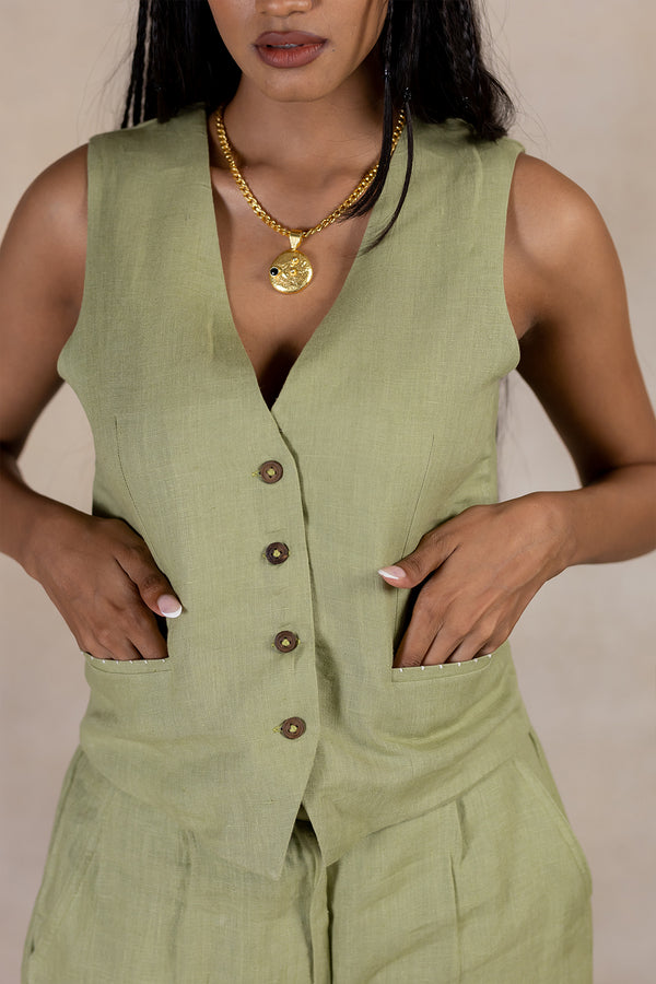 Day 10 - Linen Vest With Welt Pockets - Meadow Green