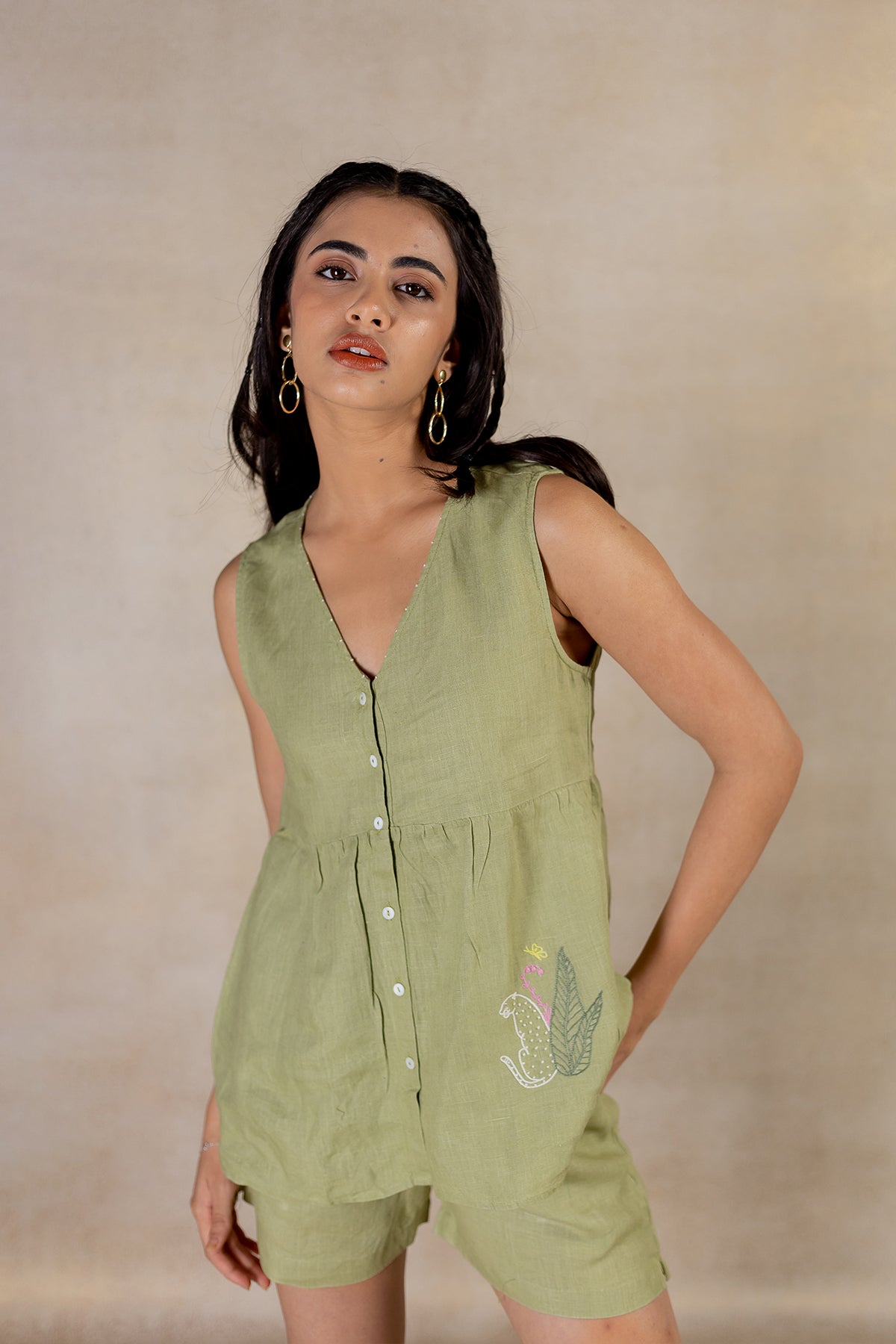 Day 15 - Linen Sleeveless Placket Top With Pocket - Meadow Green