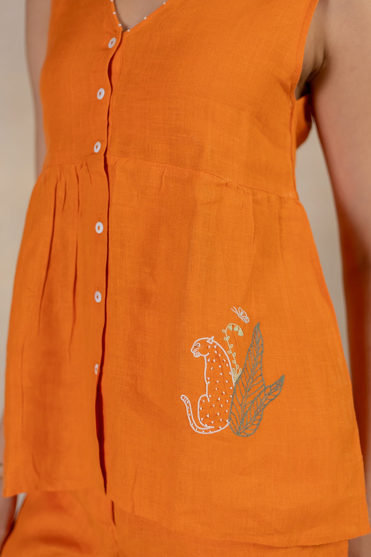 Day 15 - Linen Sleeveless Placket Top With Pocket - Orange Soda