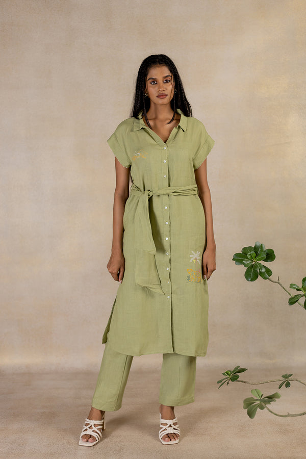 Day 16 - Linen Kimono Sleeve Shirt Dress With Belt - Meadow Green