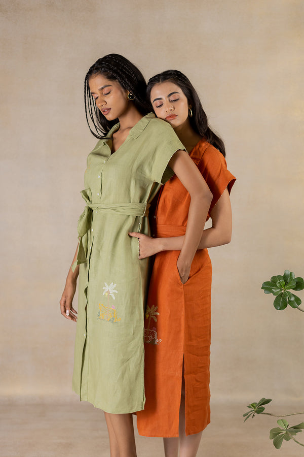 Day 16 - Linen Kimono Sleeve Shirt Dress With Belt - Meadow Green