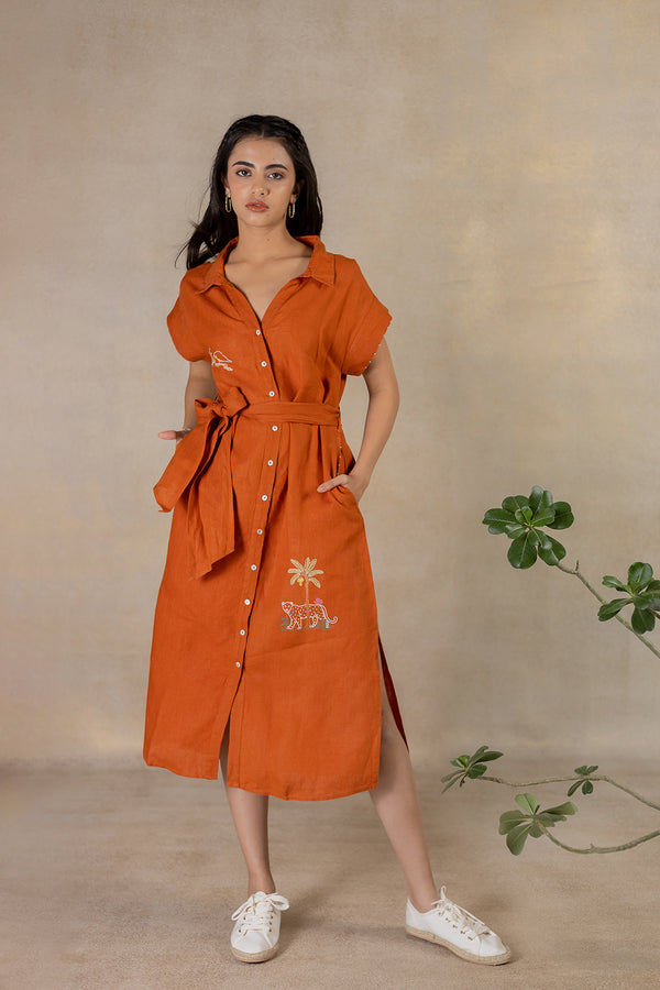 Day 16 - Linen Kimono Sleeve Shirt Dress  With Belt - Tan Rust