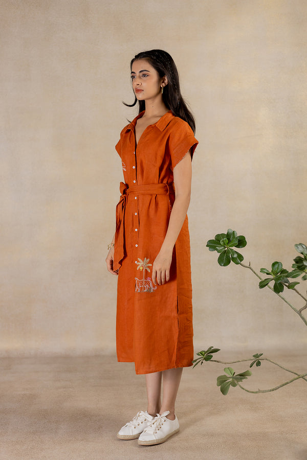 Day 16 - Linen Kimono Sleeve Shirt Dress  With Belt - Tan Rust