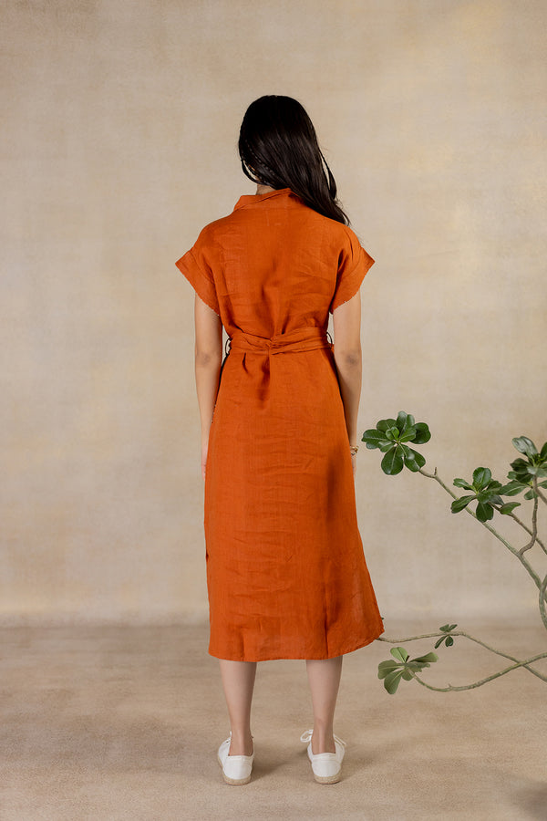 Day 16 - Linen Kimono Sleeve Shirt Dress  With Belt - Tan Rust