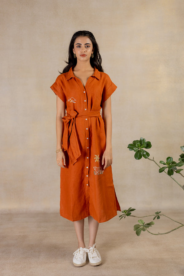 Day 16 - Linen Kimono Sleeve Shirt Dress  With Belt - Tan Rust