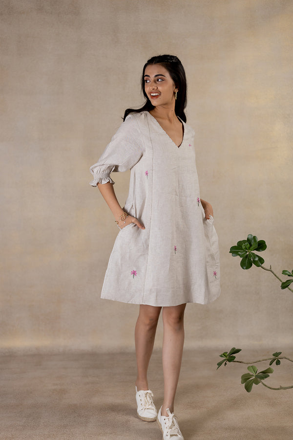 Day 18 - Linen V Neck Panel Short Dress - Ecru