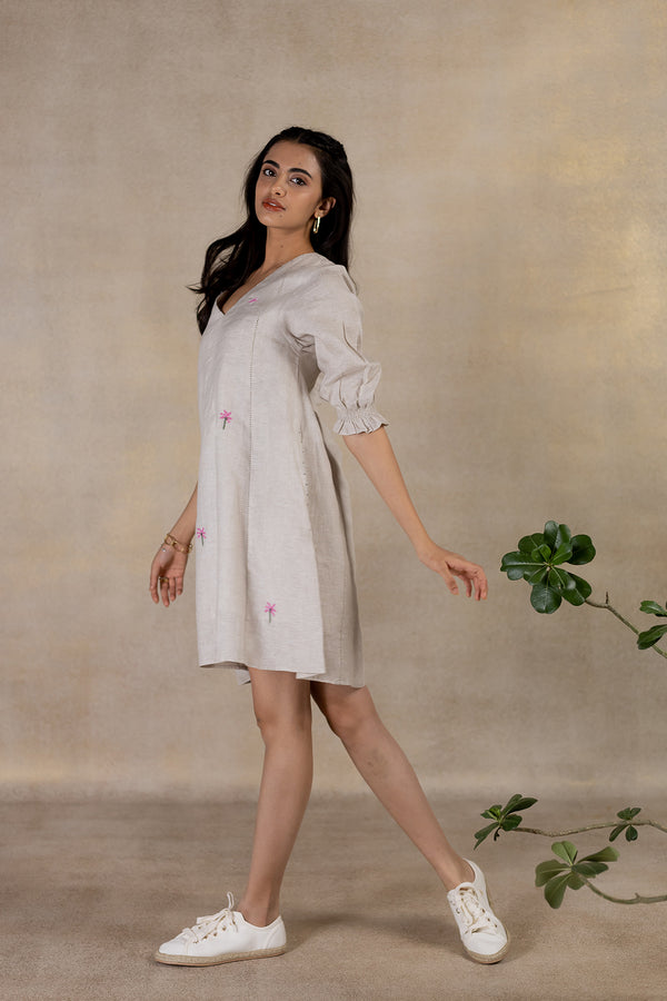 Day 18 - Linen V Neck Panel Short Dress - Ecru