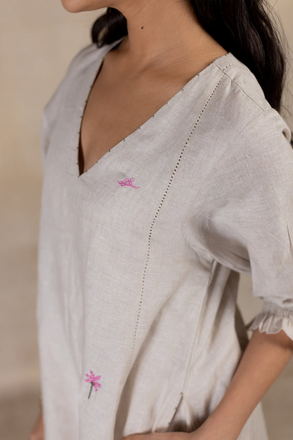 Day 18 - Linen V Neck Panel Short Dress - Ecru