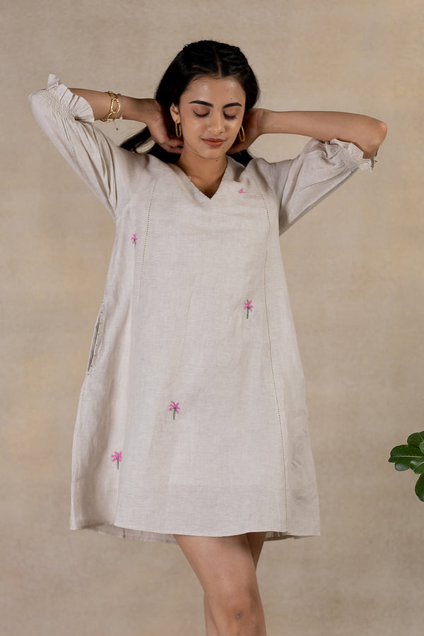 Day 18 - Linen V Neck Panel Short Dress - Ecru