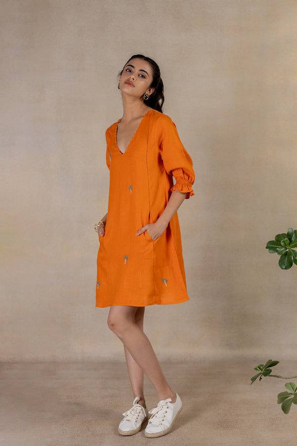Day 18 - Linen V Neck  Panel Short Dress - Orange Soda