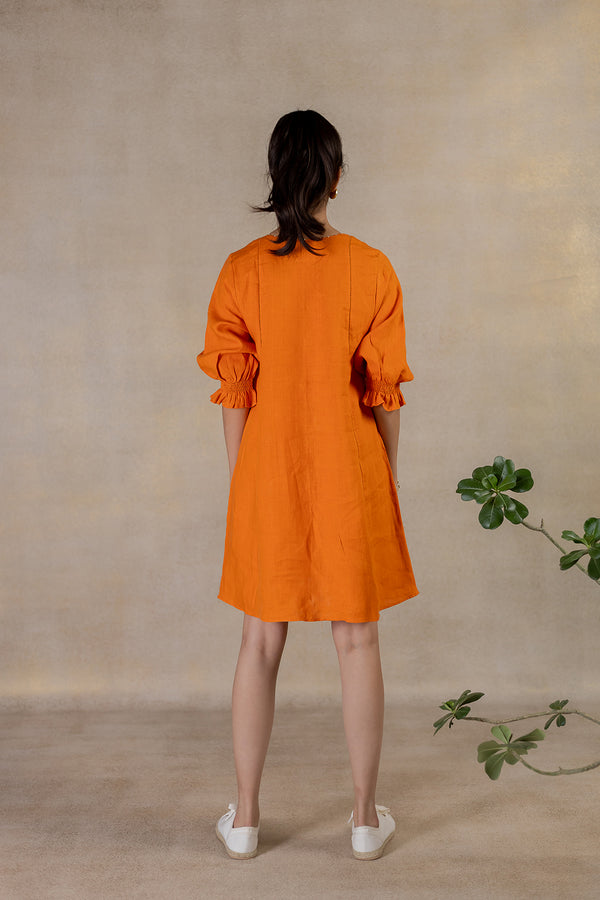 Day 18 - Linen V Neck  Panel Short Dress - Orange Soda