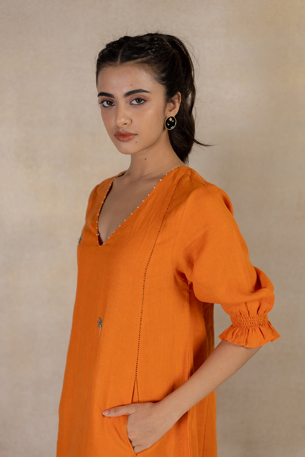 Day 18 - Linen V Neck  Panel Short Dress - Orange Soda