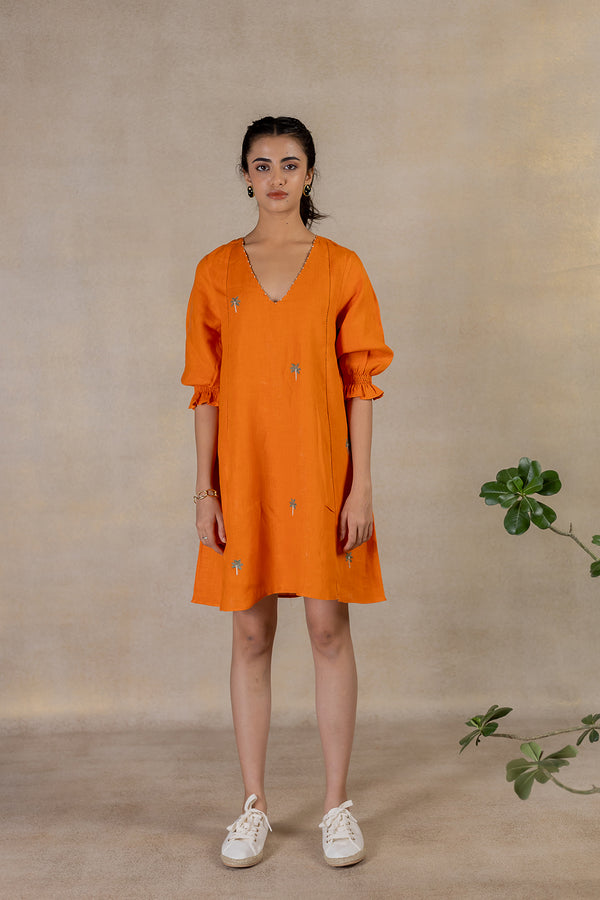 Day 18 - Linen V Neck  Panel Short Dress - Orange Soda