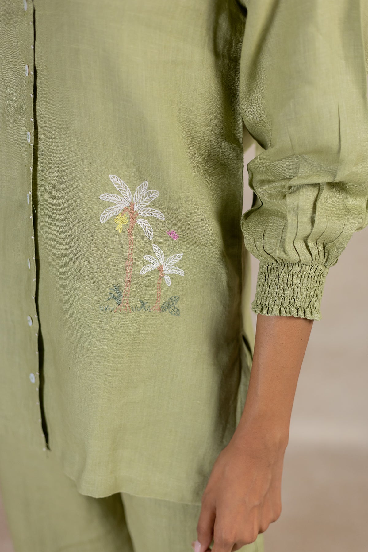 Day 2 - Linen Bobbin Elastic Sleeve Shirt With Pocket -meadow Green