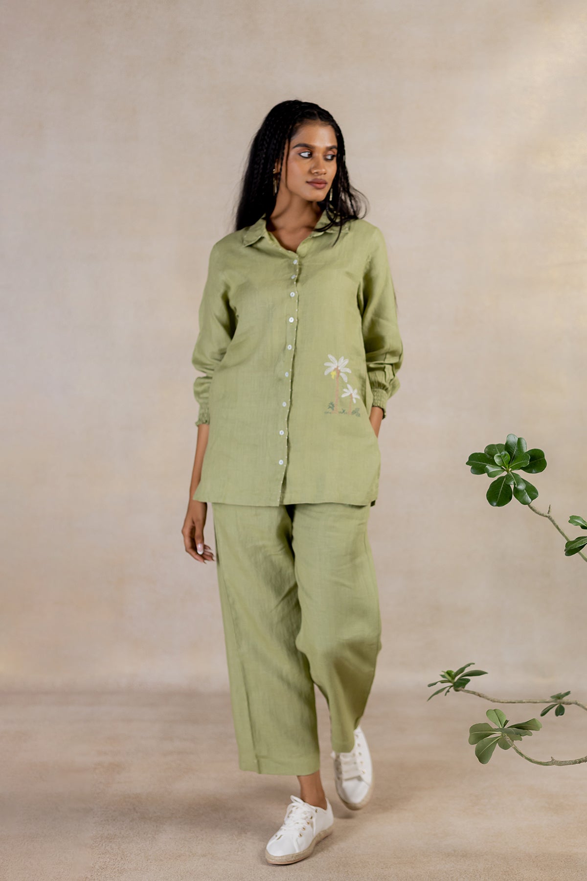 Day 2 - Linen Bobbin Elastic Sleeve Shirt With Pocket -meadow Green