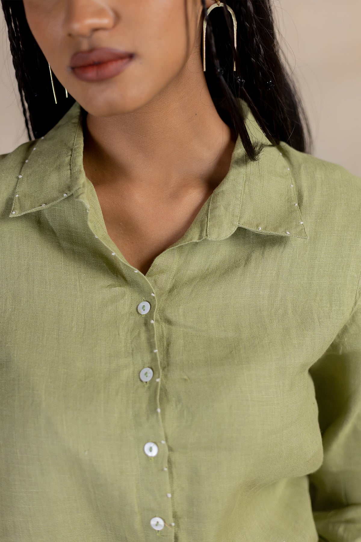 Day 2 - Linen Bobbin Elastic Sleeve Shirt With Pocket -meadow Green