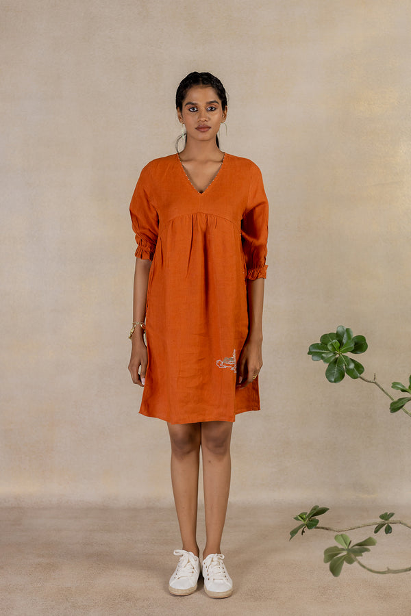 Day 23 - Linen V Neck Dress - Tan Rust
