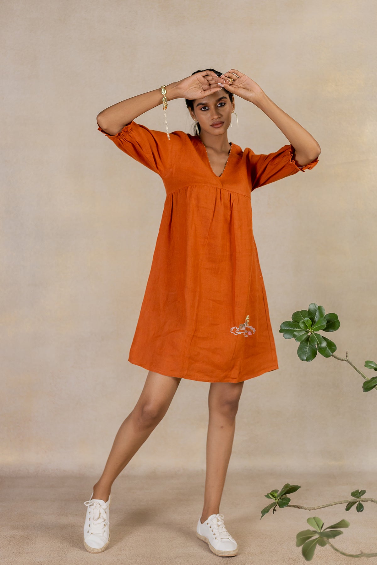 Day 23 - Linen V Neck Dress - Tan Rust