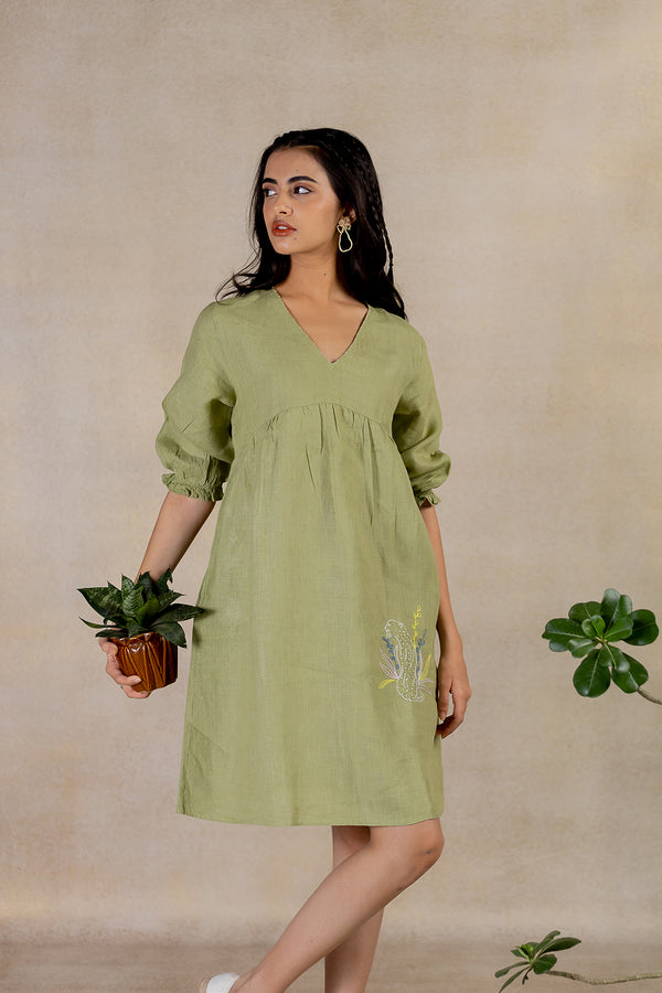 Day 23 - Linen V Neck Dress - Meadow Green