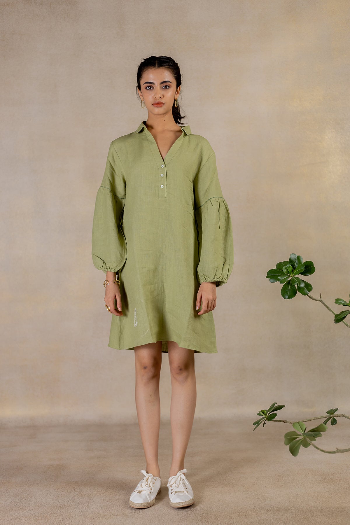Day 24 - Linen Half Placket Relaxed  Sleeve Dress - Meadow Green