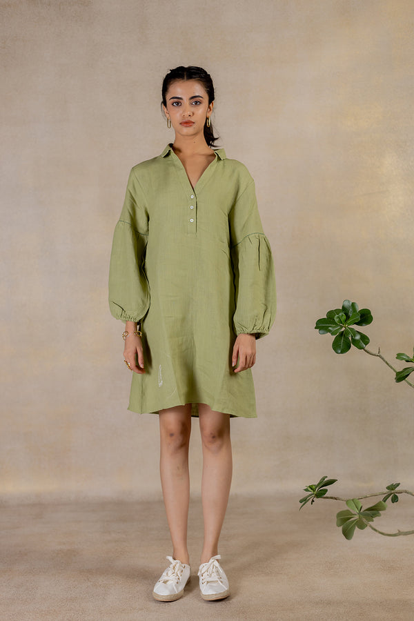 Day 24 - Linen Half Placket Relaxed  Sleeve Dress - Meadow Green