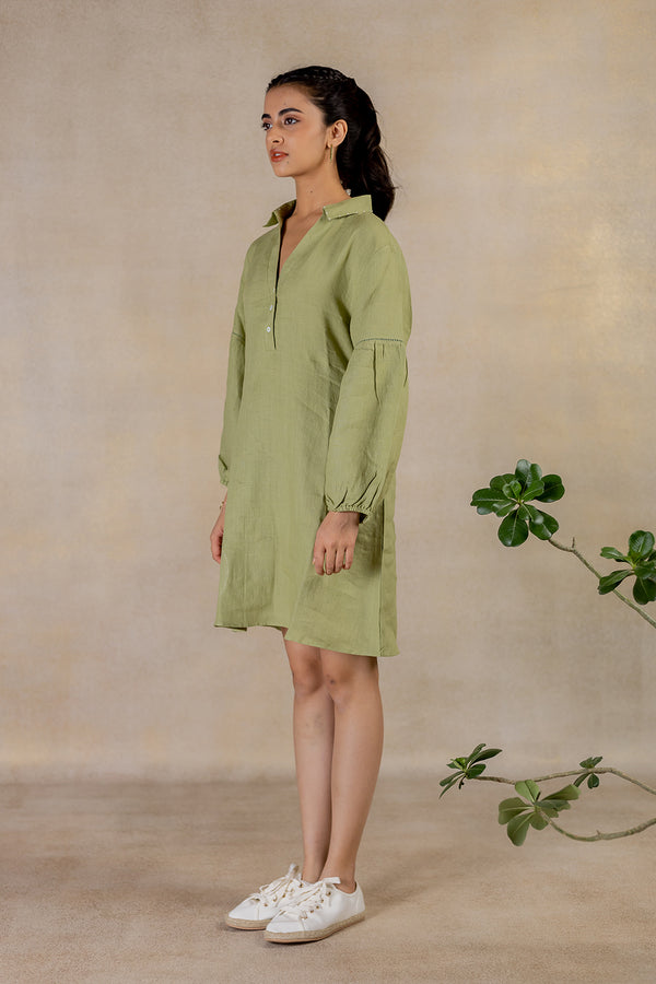 Day 24 - Linen Half Placket Relaxed  Sleeve Dress - Meadow Green