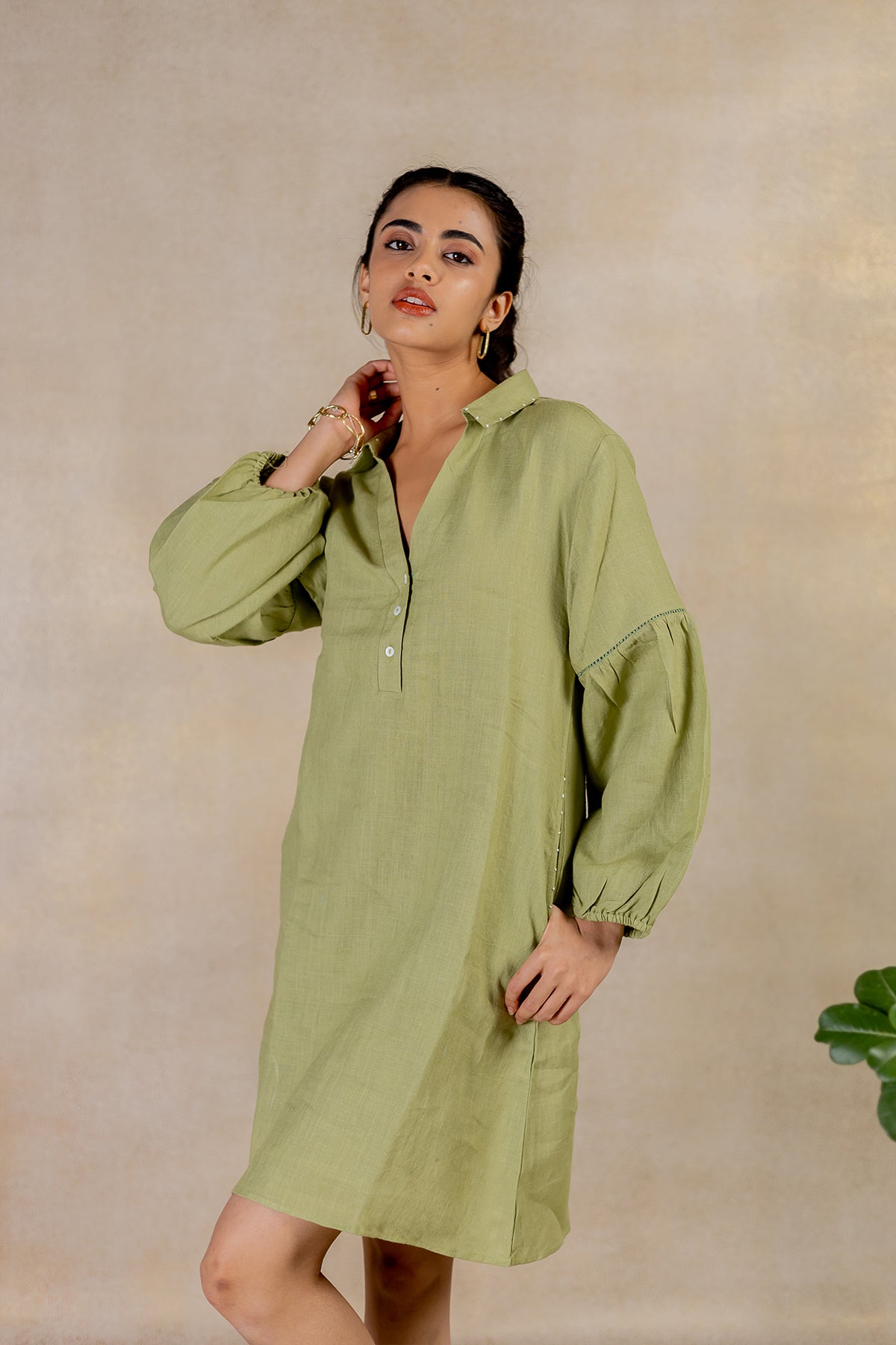 Day 24 - Linen Half Placket Relaxed  Sleeve Dress - Meadow Green