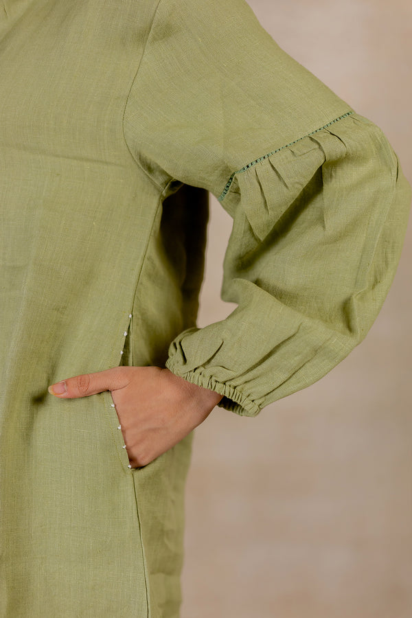 Day 24 - Linen Half Placket Relaxed  Sleeve Dress - Meadow Green