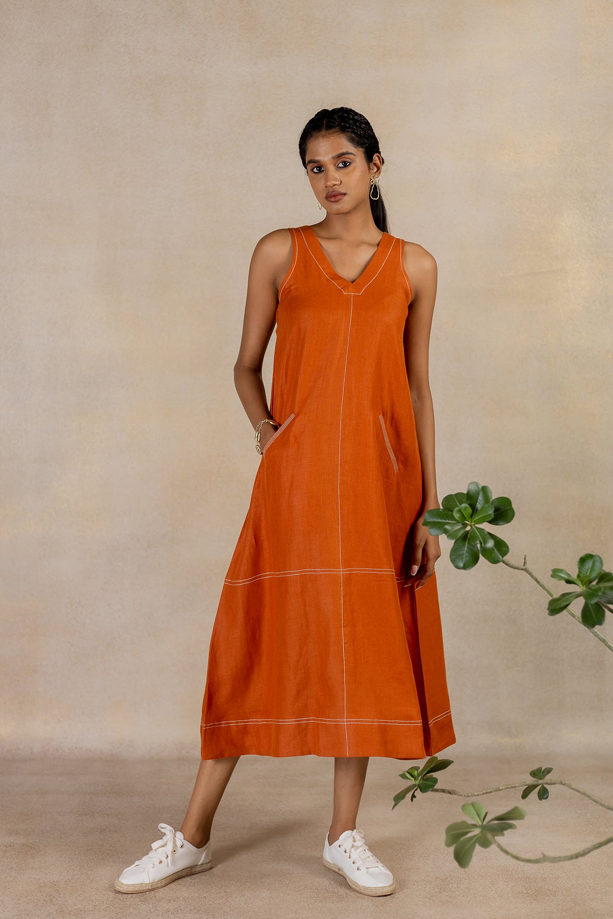 Day 25 - Linen Sleeveless A-line Welt Pocket Dress - Tan Rust