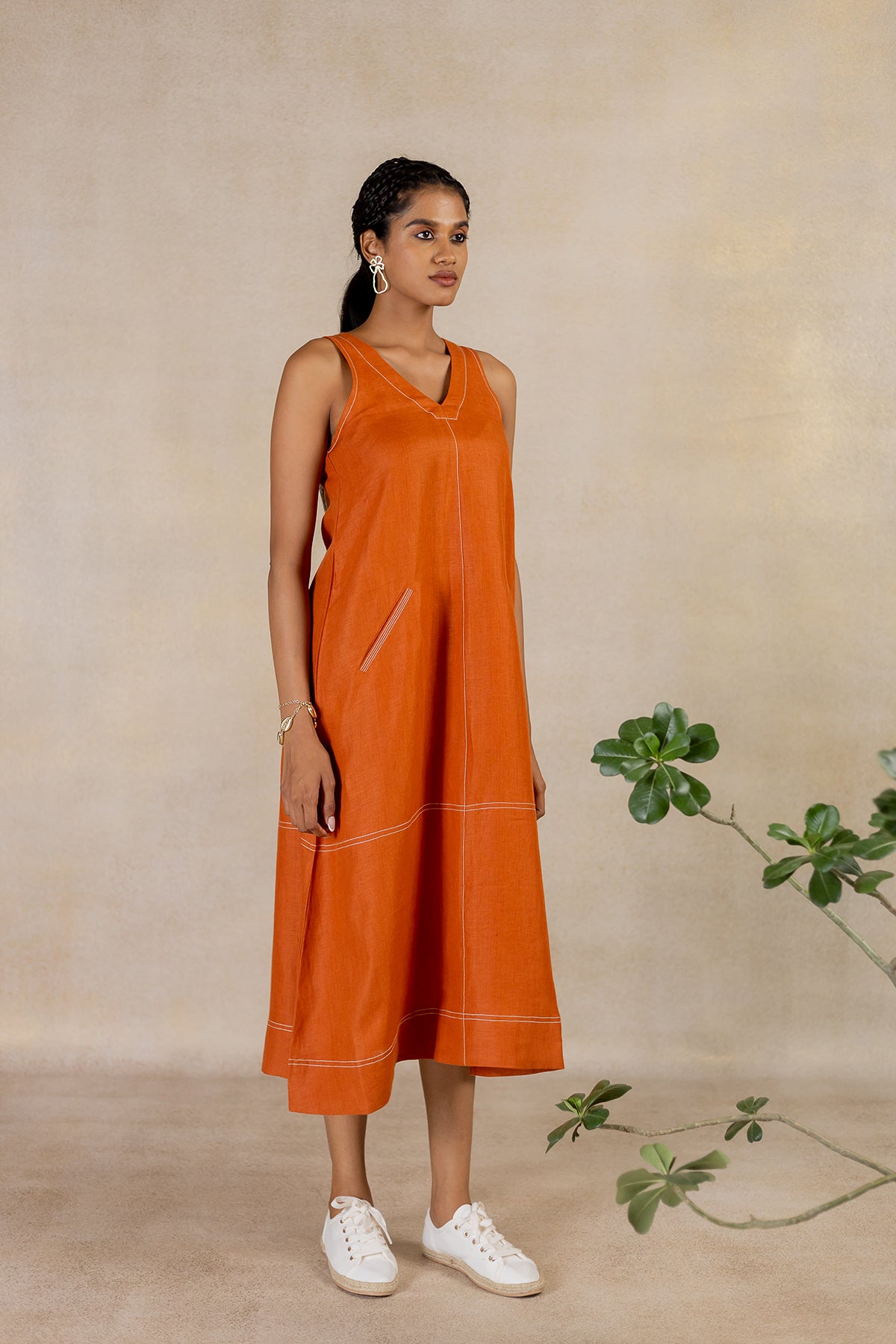 Day 25 - Linen Sleeveless A-line Welt Pocket Dress - Tan Rust