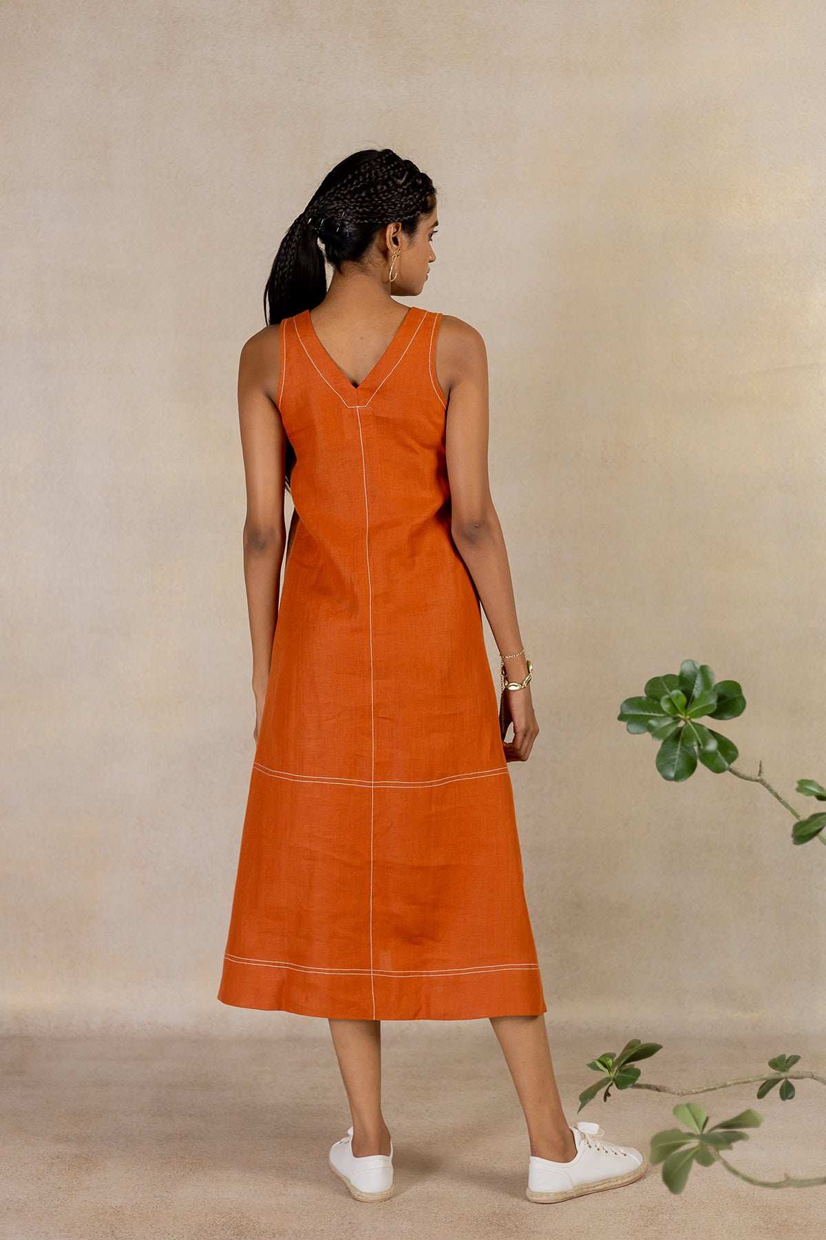 Day 25 - Linen Sleeveless A-line Welt Pocket Dress - Tan Rust