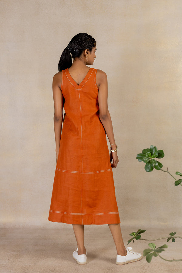 Day 25 - Linen Sleeveless A-line Welt Pocket  Dress - Tan Rust