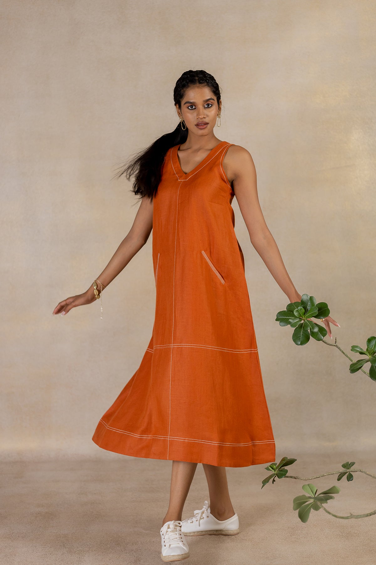 Day 25 - Linen Sleeveless A-line Welt Pocket  Dress - Tan Rust